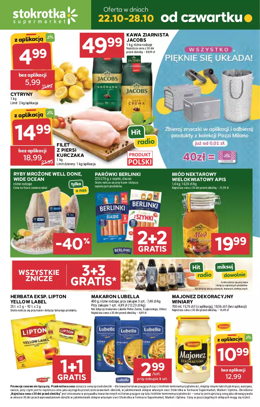 Gazetka promocyjna Stokrotka - Supermarket - ważna 22.10 do 28.10.2026 - strona 1 - produkty: Bell, Bella, Berlinki, Cytryny, Filet z piersi kurczaka, Gra, Herbata, Jacobs, Kawa, Kawa ziarnista, Kurczak, Lipton, Lubella, Majonez, Makaron, Mięso, Miód, Nektar, Optima, Owoce, Parówki, Warzywa, Winiary, Znicz