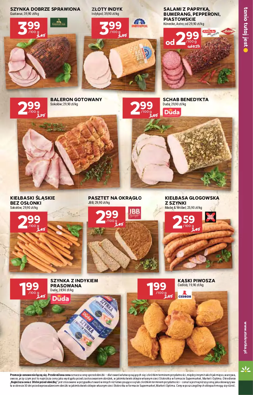 Gazetka promocyjna Stokrotka - Supermarket - ważna 22.10 do 28.10.2026 - strona 19 - produkty: Bumerang, Duda, Kiełbasa, Kiełbasa głogowska, Kiełbaski śląskie, Mięso, Optima, Owoce, Pasztet, Piast, Piwo, Salami, Salami z papryką, Schab Benedykta, Sok, Sokołów, Szynka, Warzywa
