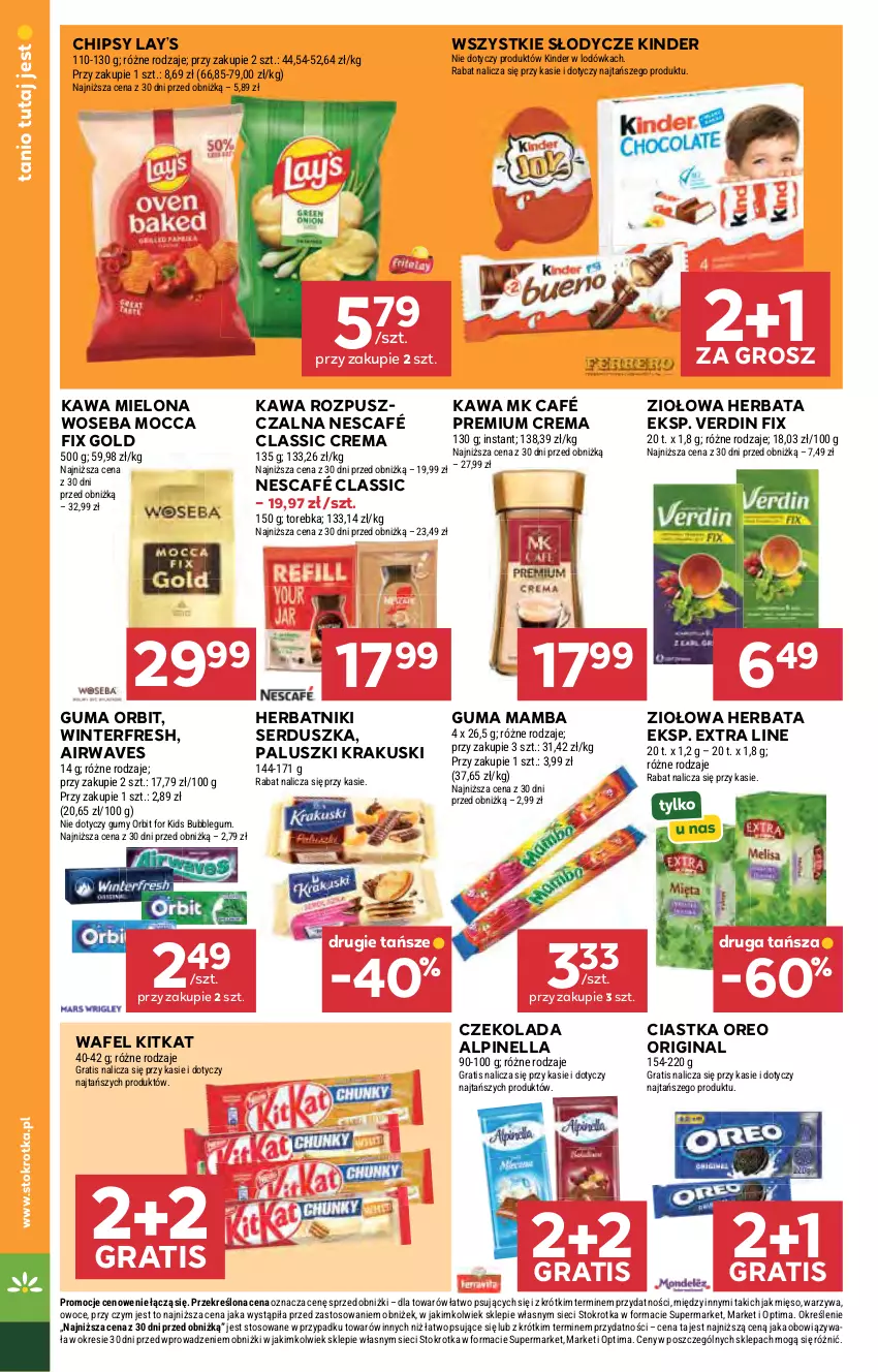 Gazetka promocyjna Stokrotka - Supermarket - ważna 22.10 do 28.10.2026 - strona 30 - produkty: Chipsy, Ciastka, Czekolada, Gin, Gra, Herbata, Herbatniki, Kawa, Kawa mielona, Kawa rozpuszczalna, Kinder, Krakus, Krakuski, Lay’s, Lodówka, Mamba, Mięso, Mocca Fix Gold, Nescafé, Optima, Orbit, Oreo, Owoce, Ser, Torebka, Warzywa, Woseba
