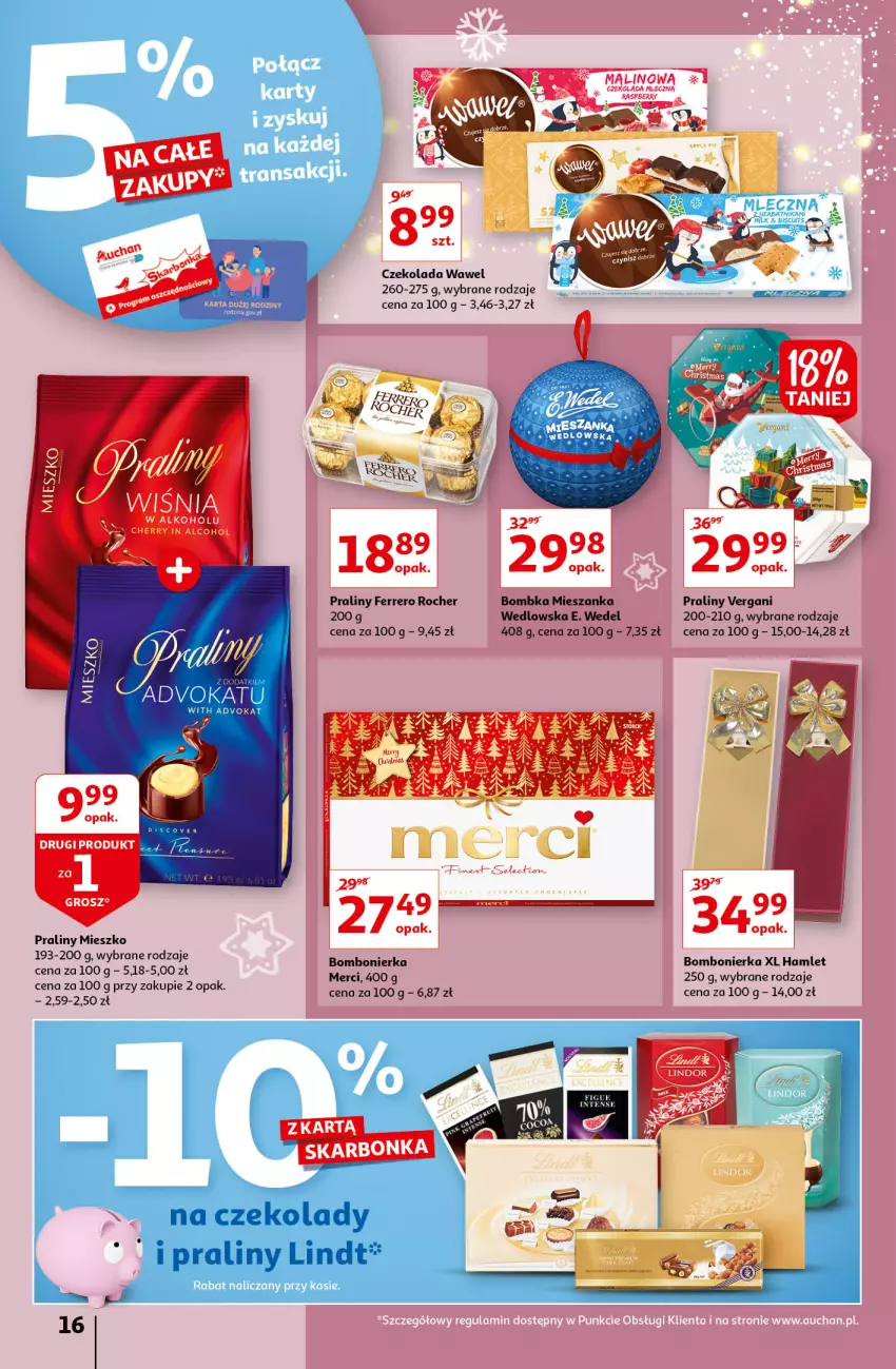 Gazetka promocyjna Auchan - Magia Świąt Hipermarkety - ważna 09.12 do 15.12.2021 - strona 16 - produkty: Czekolada, E. Wedel, Ferrero, Ferrero Rocher, Merci, Praliny, Sos, Wawel