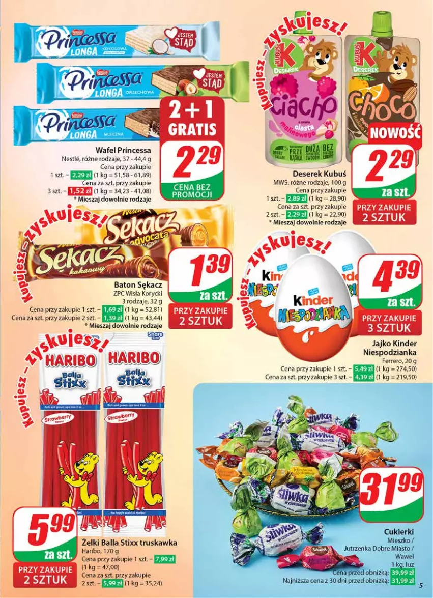 Gazetka promocyjna Dino - Gazetka 41 / 2024 - ważna 09.10 do 15.10.2024 - strona 5 - produkty: Baton, Cukier, Cukierki, Deser, Ferrero, Haribo, Jutrzenka, Kinder, Kubuś, Princessa, Sękacz, Ser, Serek, Wawel