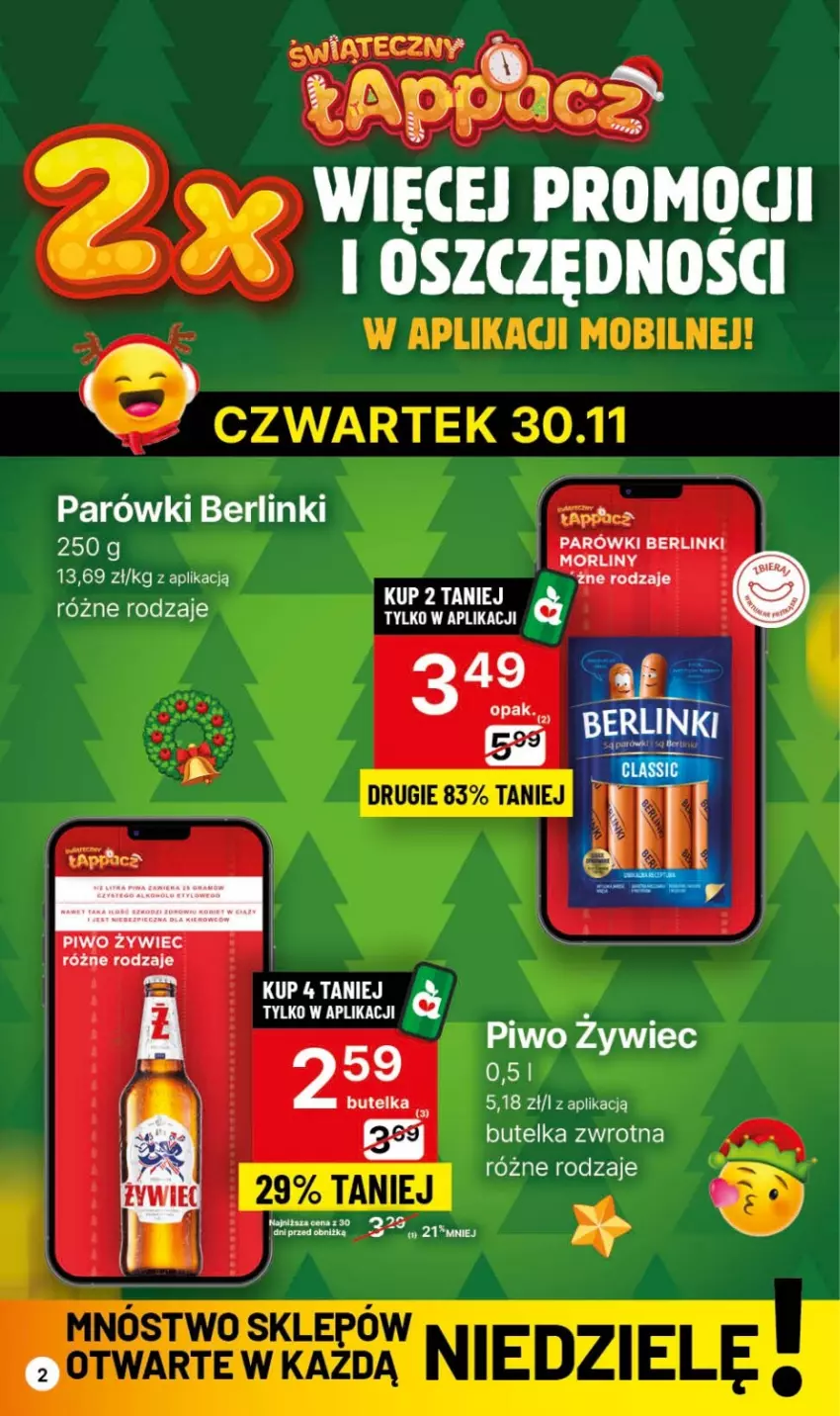 Gazetka promocyjna Delikatesy Centrum - Dyskontowe ceny w Delikatesach Centrum - ważna 30.11 do 06.12.2023 - strona 2 - produkty: Berlinki, Morliny, Parówki, Piwo