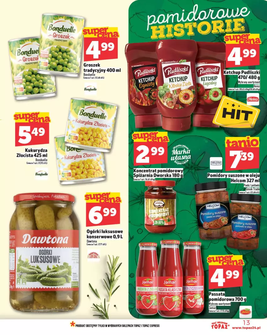 Gazetka promocyjna Topaz - Gazetka - ważna 20.02 do 26.02.2025 - strona 13 - produkty: Bonduelle, Dawtona, Groszek, Ketchup, Kukurydza, Olej, Pomidory, Ser, Top