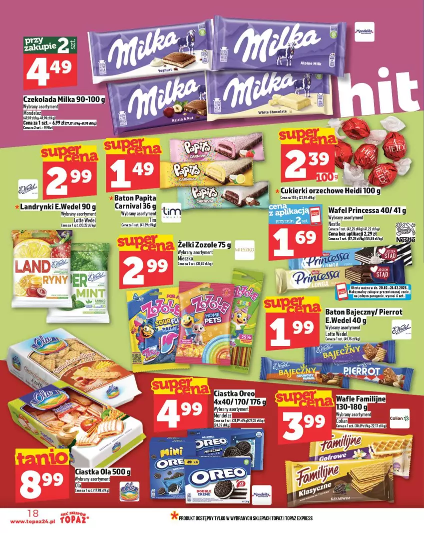 Gazetka promocyjna Topaz - Gazetka - ważna 20.02 do 26.02.2025 - strona 18 - produkty: Baton, Ciastka, Cukier, Cukierki, Czekolada, Fa, Milka, Oreo, Princessa, Top, Wafle