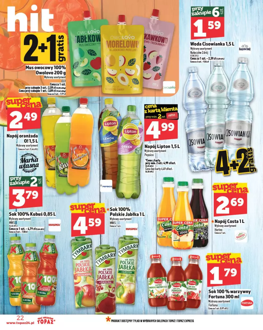 Gazetka promocyjna Topaz - Gazetka - ważna 20.02 do 26.02.2025 - strona 22 - produkty: Cisowianka, Fortuna, Jabłka, Kubuś, Lipton, Mus, Napój, Oranżada, Pepsi, Sok, Top, Woda