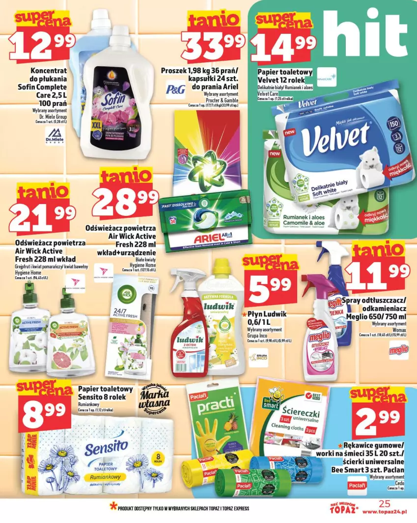 Gazetka promocyjna Topaz - Gazetka - ważna 20.02 do 26.02.2025 - strona 25 - produkty: Air Wick, Ariel, Grejpfrut, Ludwik, Odkamieniacz, Odświeżacz powietrza, Odtłuszczacz, Papier, Papier toaletowy, Rum, Sito, Top, Velvet