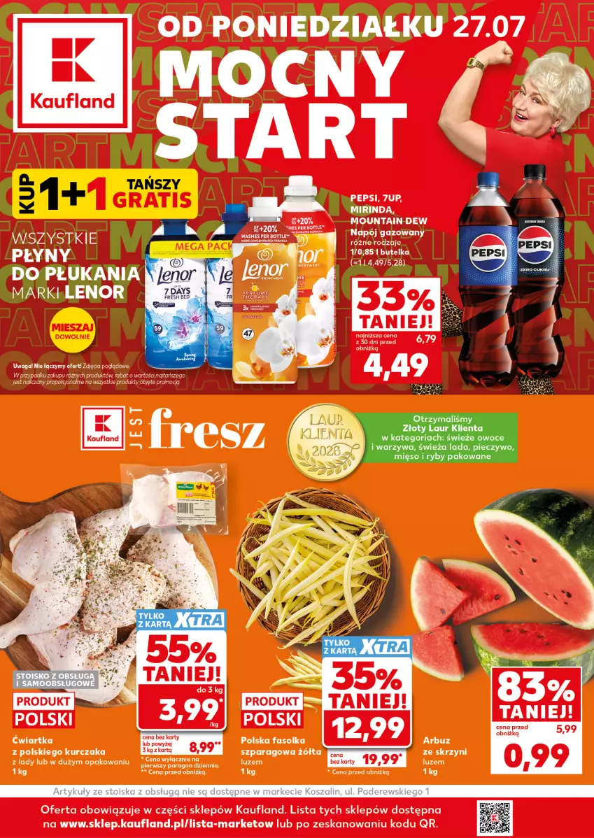 Gazetka promocyjna Kaufland - Mocny Start - ważna 27.07 do 29.07.2026 - strona 1 - produkty: Kosz, Laur, Lenor, Mięso, Owoce, Piec, Pieczywo, Por, Szal, Waga, Warzywa