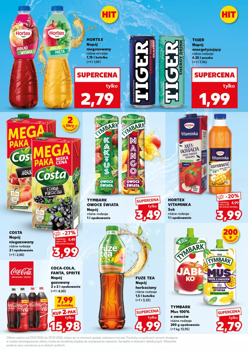 Gazetka promocyjna Kaufland - Mocny Start - ważna 27.07 do 29.07.2026 - strona 19 - produkty: Coca-Cola, Fa, Fanta, Gin, Hortex, Inka, Mus, Napój, Napój gazowany, Owoce, Por, Sok, Sprite, Tiger, Tymbark