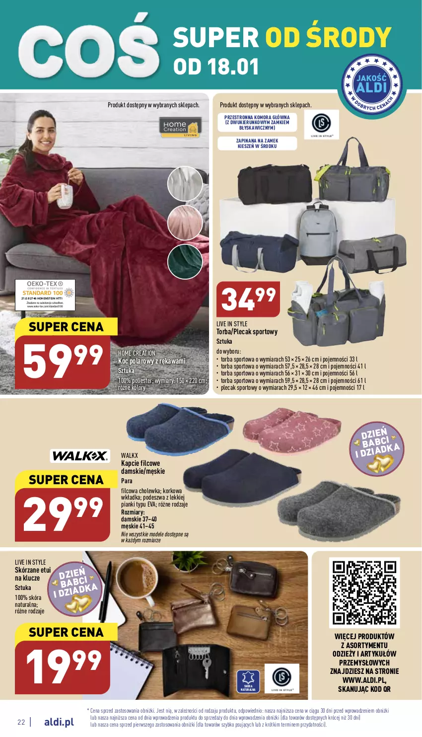 Gazetka promocyjna Aldi - Pełny katalog - ważna 16.01 do 21.01.2023 - strona 22 - produkty: Kapcie, Kawa, Koc, Plecak, Por, Sport, Torba