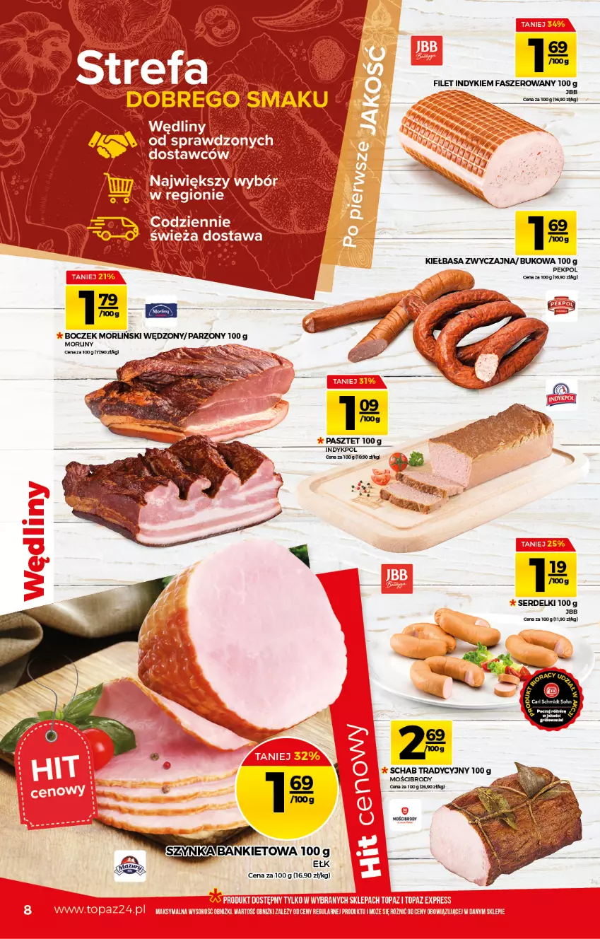 Gazetka promocyjna Topaz - Gazetka - ważna 10.06 do 16.06.2021 - strona 8 - produkty: Boczek, Fa, Kiełbasa, Morliny, Pekpol, Ser, Serdelki