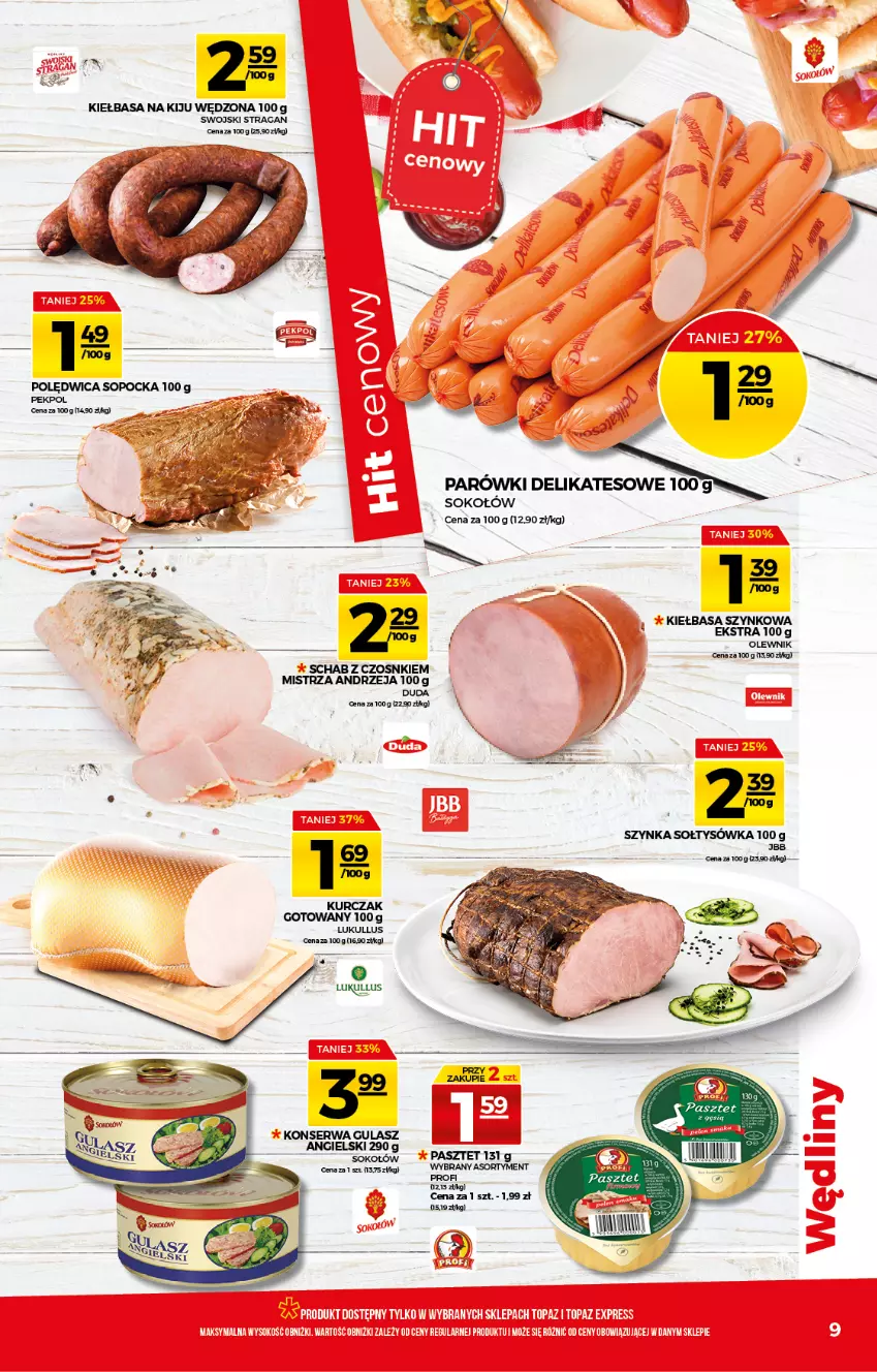 Gazetka promocyjna Topaz - Gazetka - ważna 10.06 do 16.06.2021 - strona 9 - produkty: Duda, Kiełbasa, Kiełbasa szynkowa, Koc, Kurczak, Kurczak gotowany, Olewnik, Parówki, Pasztet, Pekpol, Polędwica, Ser, Sok, Sokołów