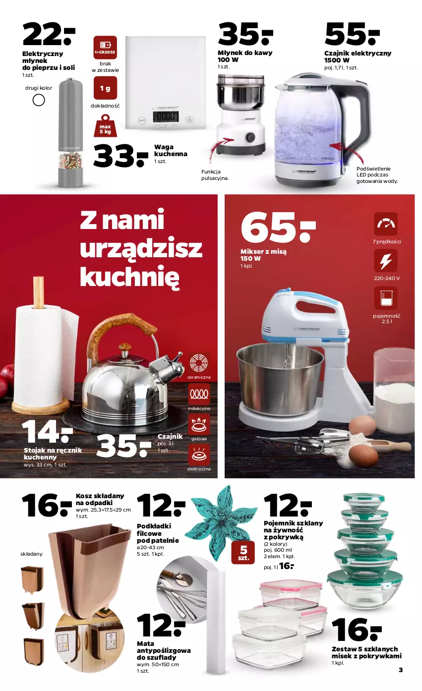 Gazetka promocyjna Netto - Gazetka non food - ważna 08.03 do 13.03.2021 - strona 3 - produkty: Czajnik, Czajnik elektryczny, Kosz, Mikser, Mikser z misą, Młynek, Młynek do kawy, Pieprz, Podkład, Pojemnik, Pojemnik szklany, Ręcznik, Ręcznik kuchenny, Ser, Stojak, Waga