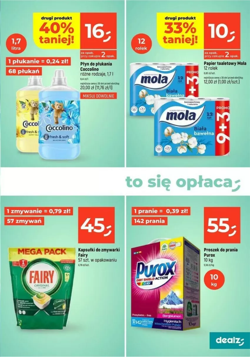 Gazetka promocyjna Dealz - ważna 23.01 do 29.01.2025 - strona 14 - produkty: Coccolino, Fa, Fairy, Mola, Papier, Papier toaletowy, Płyn do płukania, Proszek do prania, Pur, Zmywarki