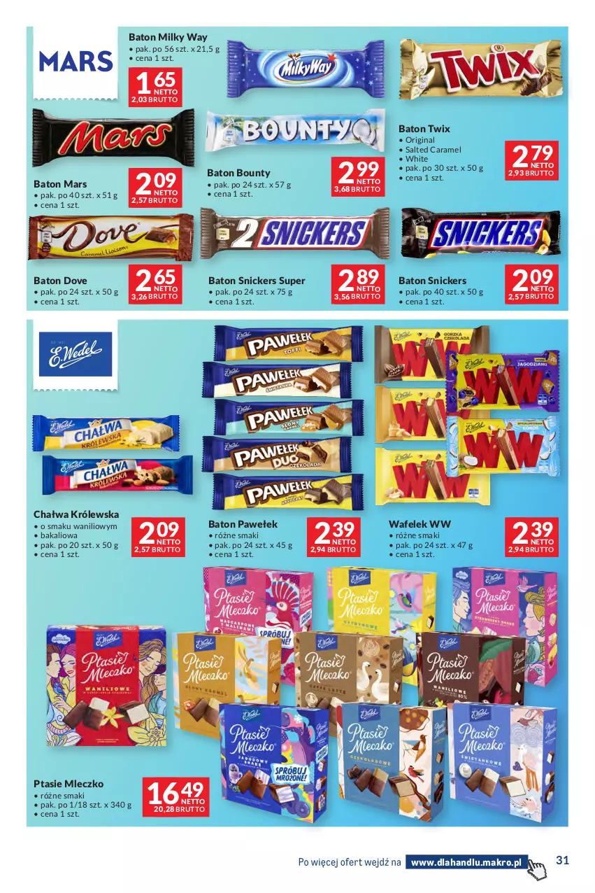 Gazetka promocyjna Makro - Dystrybucja do sklepów - ważna 09.06 do 06.07.2026 - strona 31 - produkty: Baton, Bounty, Chałwa, Dove, Gin, Mars, Milky Way, Mleczko, Ptasie mleczko, Snickers, Twix, Wafelek