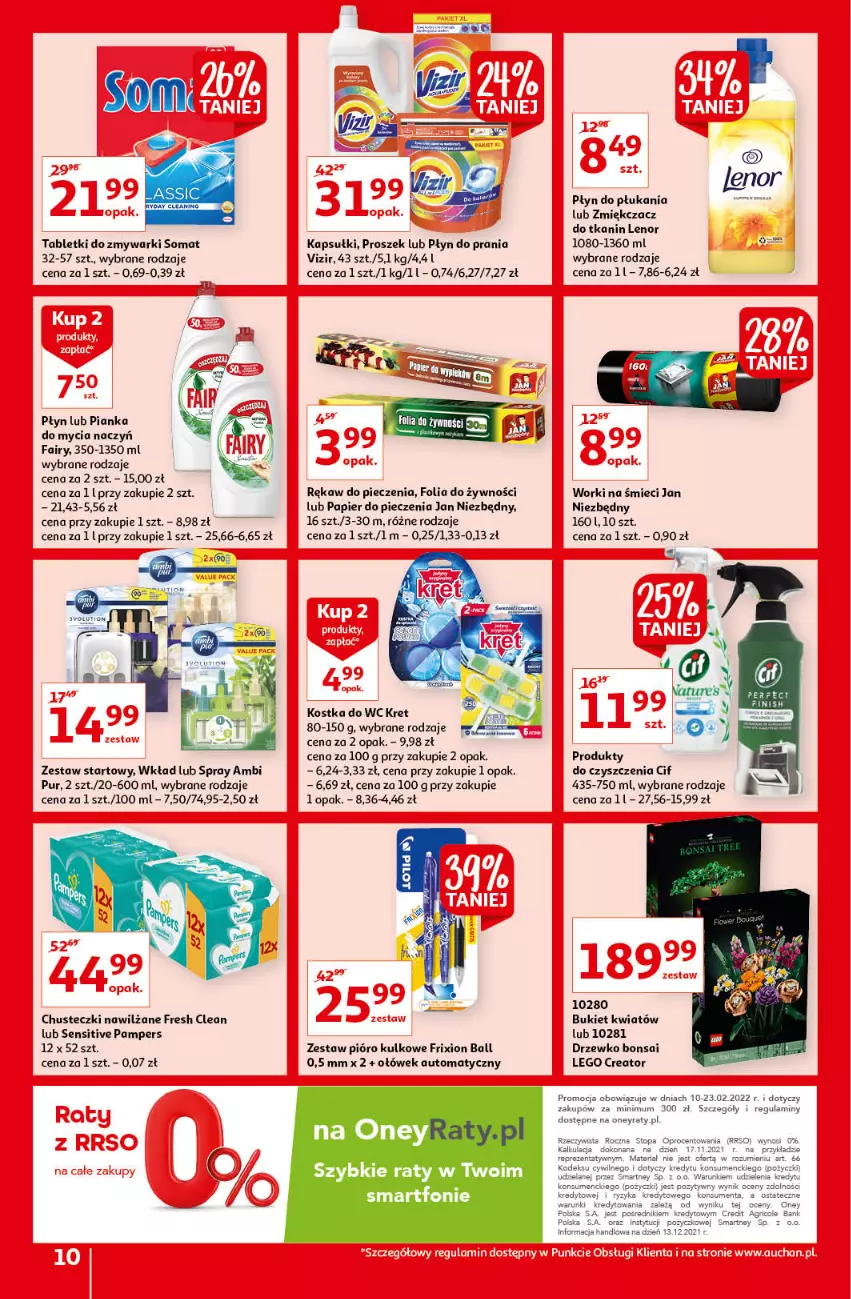 Gazetka promocyjna Auchan - przeNISKIE CENY na przebojowe marki Hipermarkety - ważna 10.02 do 16.02.2022 - strona 10 - produkty: Ambi Pur, Bukiet, Chusteczki, Cif, Do mycia naczyń, Fa, Fairy, Jan Niezbędny, Kostka do wc, Kret, LEGO, LEGO Creator, Lenor, Pampers, Papier, Papier do pieczenia, Piec, Płyn do płukania, Płyn do prania, Pur, Rękaw do pieczenia, Smartfon, Somat, Tablet, Tabletki do zmywarki, Top, Vizir, Worki na śmiec, Worki na śmieci, Zmywarki