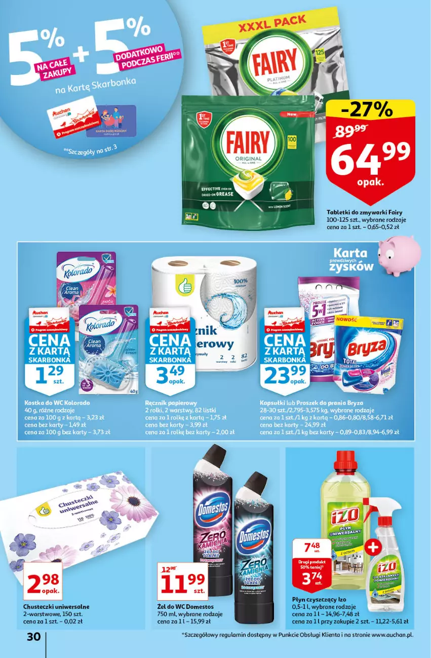 Gazetka promocyjna Auchan - przeNISKIE CENY na przebojowe marki Hipermarkety - ważna 10.02 do 16.02.2022 - strona 30 - produkty: Chusteczki, Domestos, Fa, Fairy, Gin, Tablet, Tabletki do zmywarki, Zmywarki