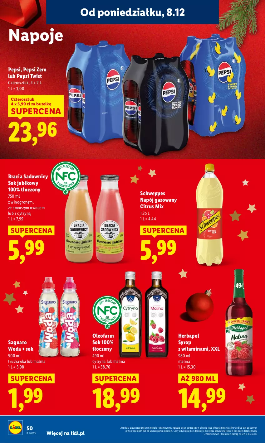Gazetka promocyjna Lidl - GAZETKA - ważna 08.12 do 10.12.2025 - strona 58 - produkty: Fa, Herbapol, Napój, Napój gazowany, Napoje, Oleo, Oleofarm, Owoce, Pepsi, Schweppes, Sok, Sok jabłkowy, Syrop, Wino, Woda