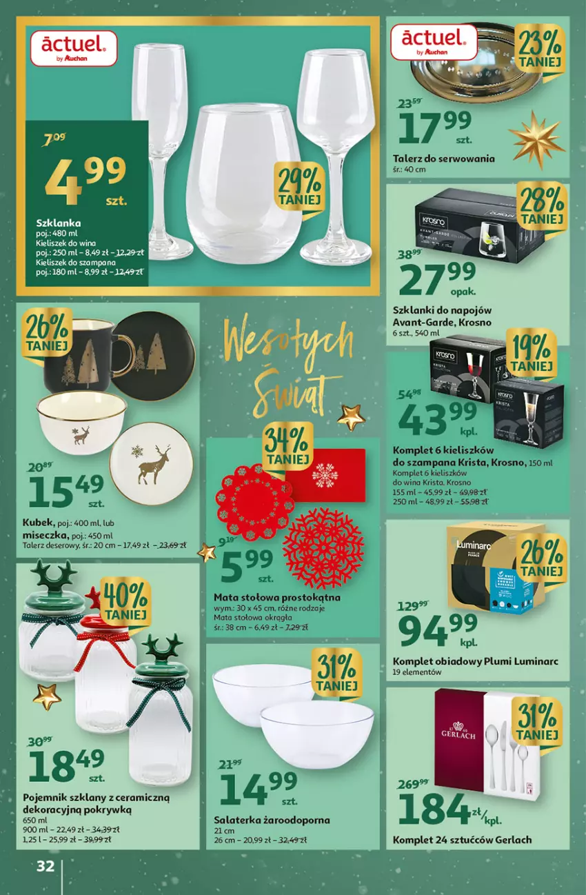 Gazetka promocyjna Auchan - Gazetka Magia Wigilijnego Stołu Auchan Hipermarket - ważna 15.12 do 24.12.2022 - strona 32 - produkty: Deser, Kieliszek, Komplet obiadowy, Kubek, Lanki, Miseczka, Pojemnik, Pojemnik szklany, Por, Salaterka, Ser, Szklanka, Talerz, Talerz deserowy