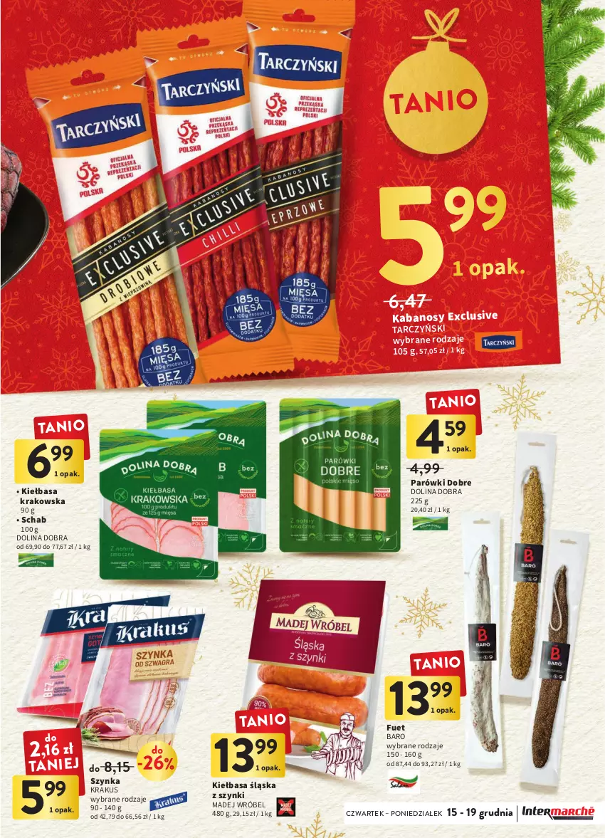 Gazetka promocyjna Intermarche - Gazetka Intermarche - ważna 15.12 do 19.12.2022 - strona 23 - produkty: Kabanos, Kiełbasa, Kiełbasa krakowska, Kiełbasa śląska, Krakus, Madej Wróbel, Parówki, Szynka, Tarczyński