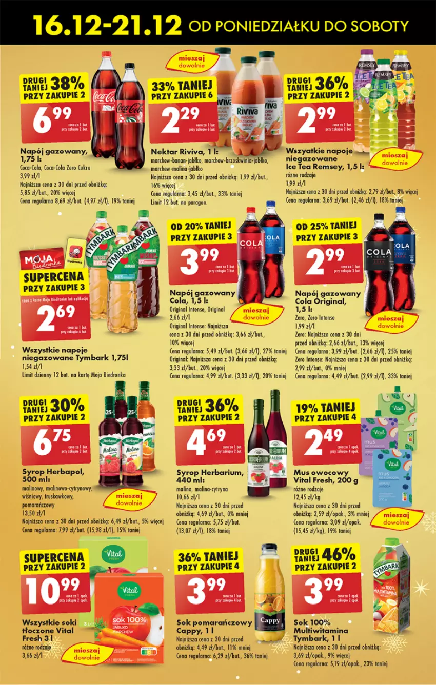 Gazetka promocyjna Biedronka - Od Poniedziałku - ważna 16.12 do 21.12.2024 - strona 59 - produkty: Cappy, Coca-Cola, Gin, Herbapol, Ice tea, Mus, Napój, Napój gazowany, Napoje, Nektar, Sok, Sok pomarańczowy, Syrop, Tymbark