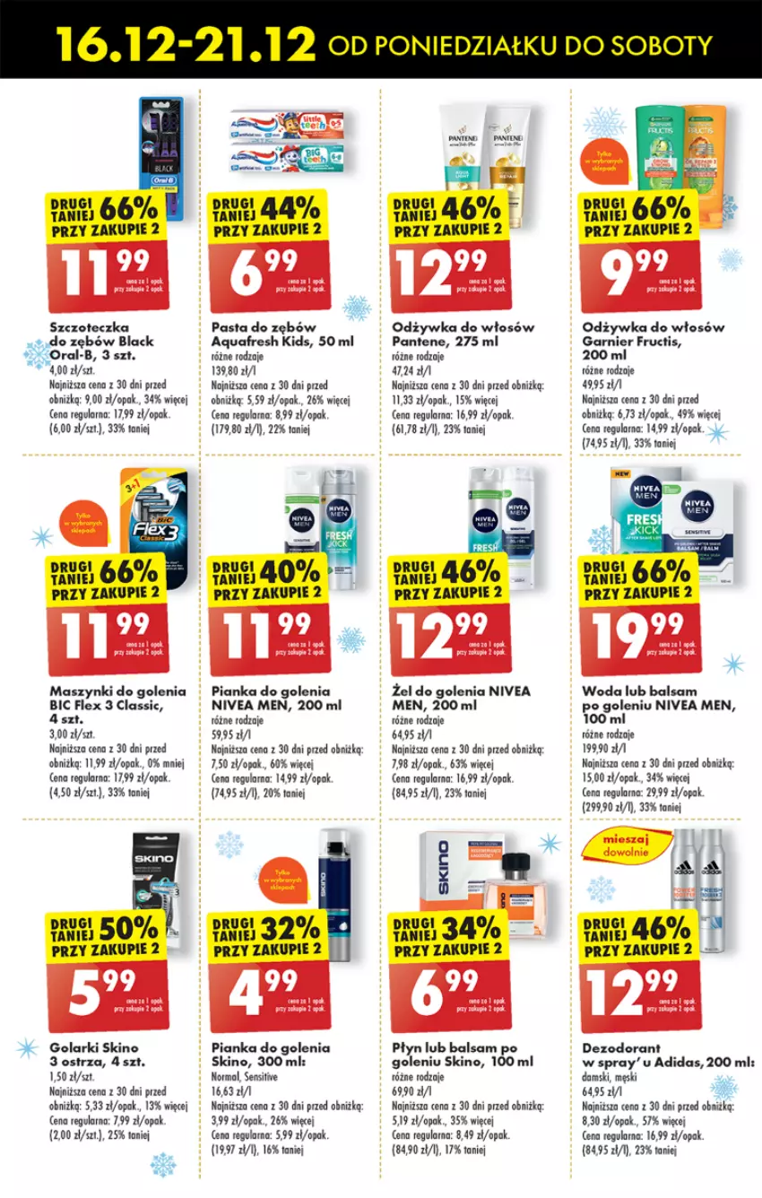 Gazetka promocyjna Biedronka - Od Poniedziałku - ważna 16.12 do 21.12.2024 - strona 66 - produkty: Adidas, Aquafresh, Balsam po goleniu, BIC, Fa, Fructis, Garnier, Lack, Nivea, Nivea Men, Odżywka, Pantene, Pasta do zębów, Pianka do golenia, Szczoteczka, Woda