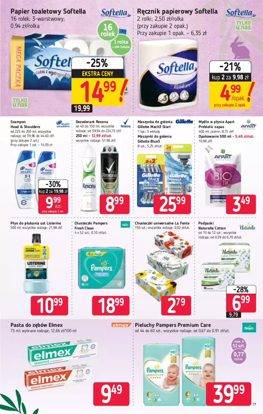 Gazetka promocyjna Stokrotka - Supermarket - ważna 01.04 do 07.04.2021 - strona 17 - produkty: Chusteczki, Dezodorant, Elmex, Gillette, Listerine, Mach3, Maszynka, Maszynka do golenia, Mydło, Mydło w płynie, Naturell, Naturella, Pampers, Papier, Papier toaletowy, Pasta do zębów, Pieluchy, Płyn do płukania, Podpaski, Ręcznik, Rexona, Rolki, Szampon, Szynka