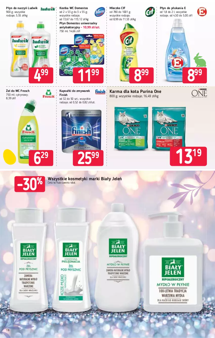 Gazetka promocyjna Stokrotka - Supermarket - ważna 01.04 do 07.04.2021 - strona 18 - produkty: Biały Jeleń, Cif, Domestos, Finish, Frosch, Ludwik, Mleczko, Płyn do płukania, Pur, Purina