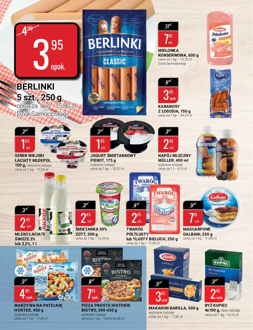 Gazetka promocyjna Bi1 - Stawiamy na wagę - ważna 19.01 do 25.01.2022 - strona 12 - produkty: Barilla, Berlinki, Bieluch, Galbani, Hortex, Jogurt, Kabanos, Kupiec, Makaron, Mascarpone, Mielonka konserwowa, Mleko, Müller, Napój, Napój mleczny, Piec, Pizza, Ryż, Ser, Serek, Serek wiejski, Sos, Twaróg, Twaróg półtłusty, Warzywa, Zott