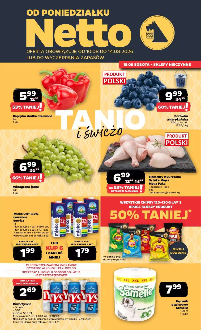 Gazetka promocyjna Netto - Od Poniedziałku - ważna 10.08 do 14.08.2026 - strona 1 - produkty: Borówka, Borówka amerykańska, Chipsy, Gra, Kurczak, Mleko, Papier, Papryka, Papryka słodka, Piwa, Piwo, Ręcznik, Tyskie, Wino