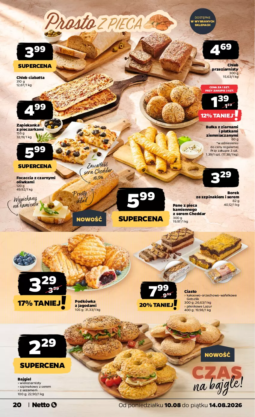 Gazetka promocyjna Netto - Od Poniedziałku - ważna 10.08 do 14.08.2026 - strona 20 - produkty: Bułka, Cheddar, Chleb, Ciabatta, Focaccia, Kakao, Lazur, Piec, Pieczarka, Ser, Sezam, Szpinak, Zapiekanka