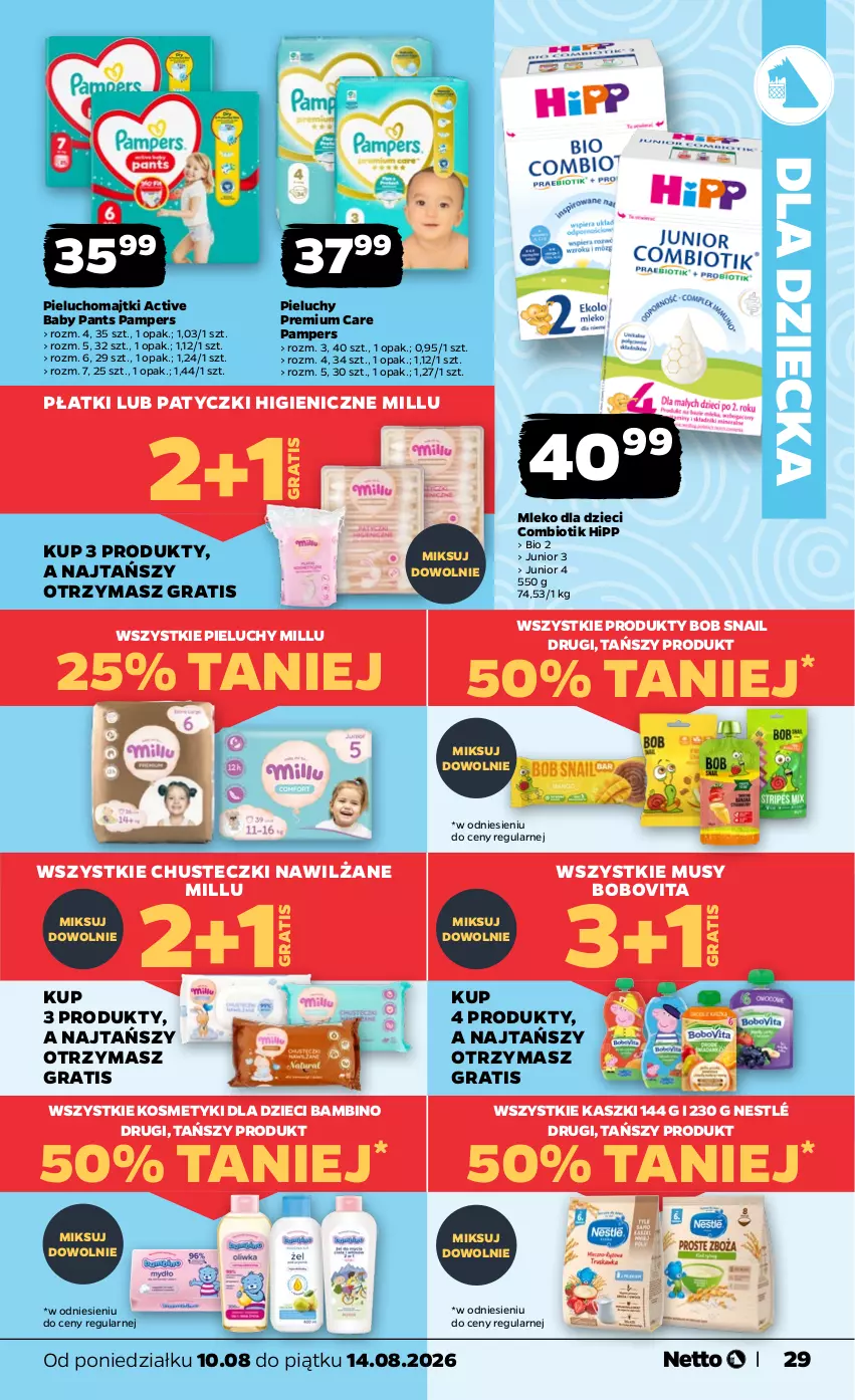 Gazetka promocyjna Netto - Od Poniedziałku - ważna 10.08 do 14.08.2026 - strona 29 - produkty: BoboVita, Chusteczki, Dzieci, Gra, HiPP, Kosmetyki dla dzieci, Majtki, Mleko, Mleko dla dzieci, Mus, Nestlé, Pampers, Pieluchomajtki, Pieluchy