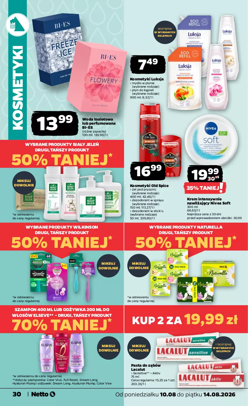 Gazetka promocyjna Netto - Od Poniedziałku - ważna 10.08 do 14.08.2026 - strona 30 - produkty: Biały Jeleń, Dezodorant, Elseve, Lacalut, Luksja, Mydło, Mydło w płynie, Naturell, Naturella, Nivea, Odżywka, Old Spice, Pasta do zębów, Perfum, Płyn do kąpieli, Szampon, Woda, Woda toaletowa