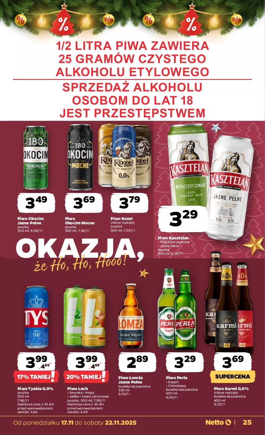 Gazetka promocyjna Netto - Od Poniedziałku - ważna 17.11 do 22.11.2025 - strona 25 - produkty: Gra, Karmi, Kasztelan, Koc, Kozel, Limonka, Mięta, Okocim, Perła, Piwa, Piwo, Por, Tyskie