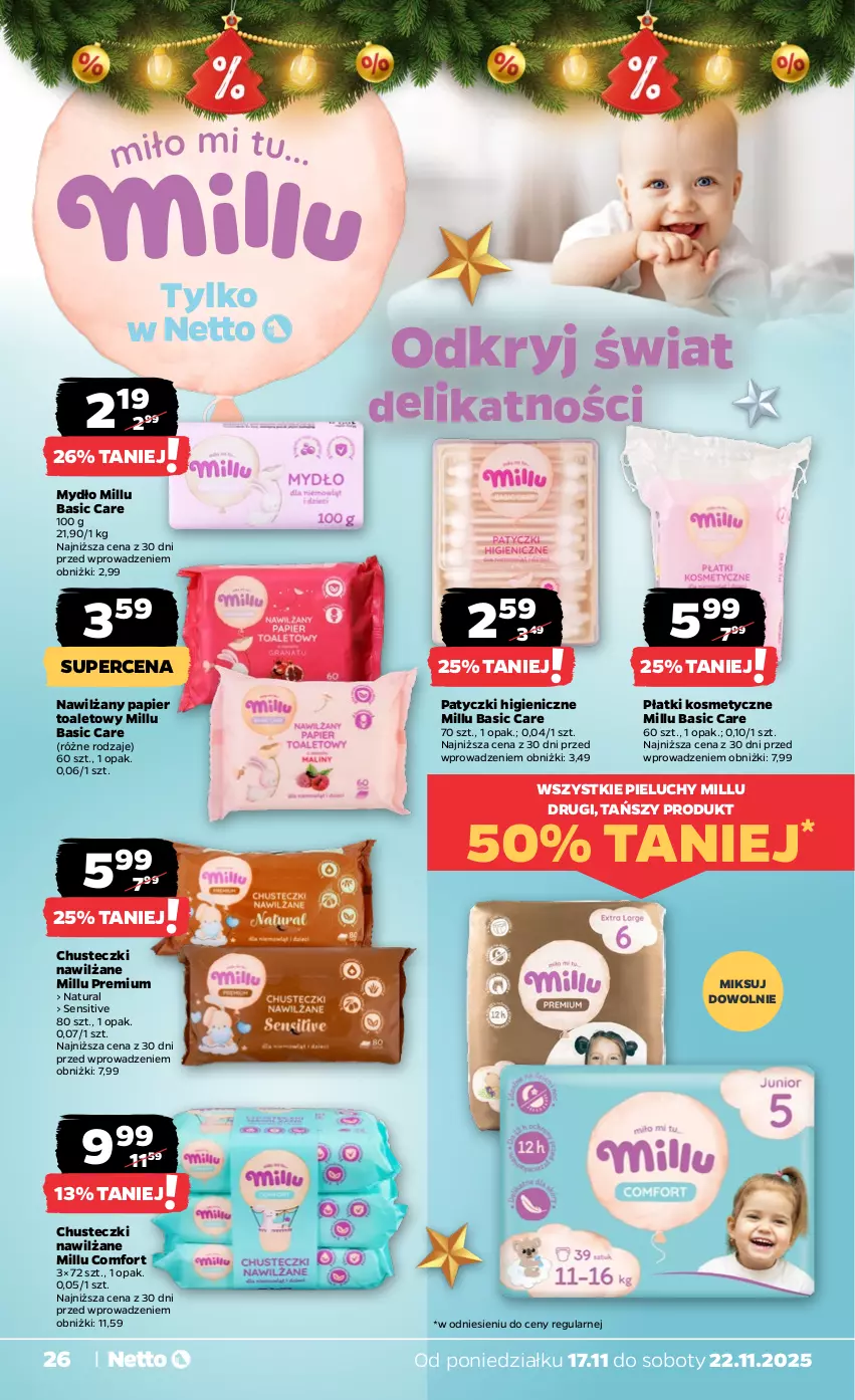 Gazetka promocyjna Netto - Od Poniedziałku - ważna 17.11 do 22.11.2025 - strona 26 - produkty: Chusteczki, Mydło, Nawilżany papier, Papier, Papier toaletowy, Pieluchy, Płatki kosmetyczne
