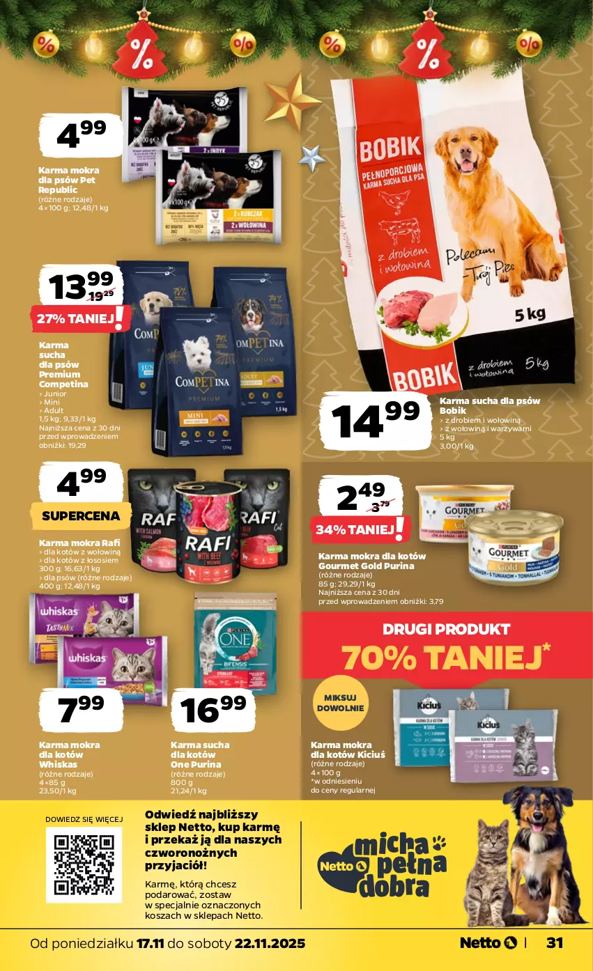 Gazetka promocyjna Netto - Od Poniedziałku - ważna 17.11 do 22.11.2025 - strona 31 - produkty: Gourmet Gold, JBL, Karma mokra dla kotów, Kosz, Noż, Pur, Purina, Sos, Warzywa, Whiskas