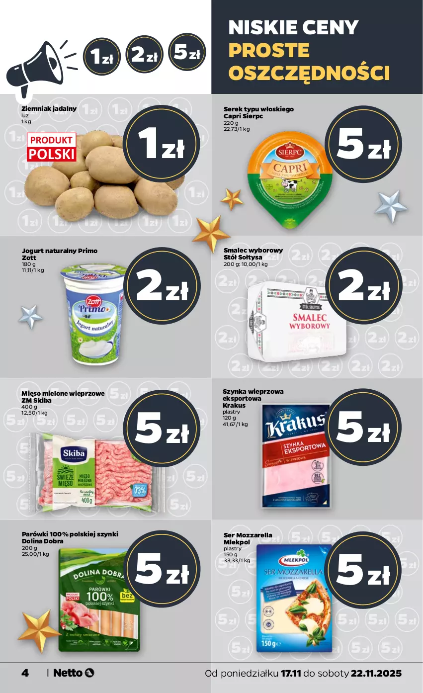 Gazetka promocyjna Netto - Od Poniedziałku - ważna 17.11 do 22.11.2025 - strona 4 - produkty: Jogurt, Jogurt naturalny, Krakus, Mięso, Mozzarella, Owoce, Parówki, Por, Ser, Serek, Smalec, Sport, Stół, Szynka, Szynka wieprzowa, Warzywa, Zott