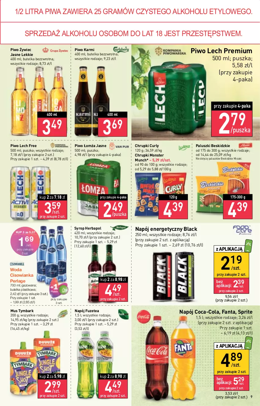 Gazetka promocyjna Stokrotka - Market - ważna 29.09 do 05.10.2022 - strona 9 - produkty: Beskidzki, Chrupki, Cisowianka, Coca-Cola, Fa, Fanta, Gra, Herbapol, Karmi, Lack, Lech Premium, Monster Munch, Mus, Napój, Napój energetyczny, Piwa, Piwo, Sprite, Syrop, Tymbark, Woda