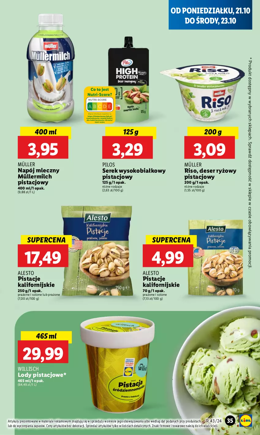 Gazetka promocyjna Lidl - GAZETKA - ważna 21.10 do 23.10.2024 - strona 39 - produkty: Deser, Lody, Müller, Müllermilch, Napój, Napój mleczny, Pilos, Pistacje, Ryż, Ser, Serek, Sok