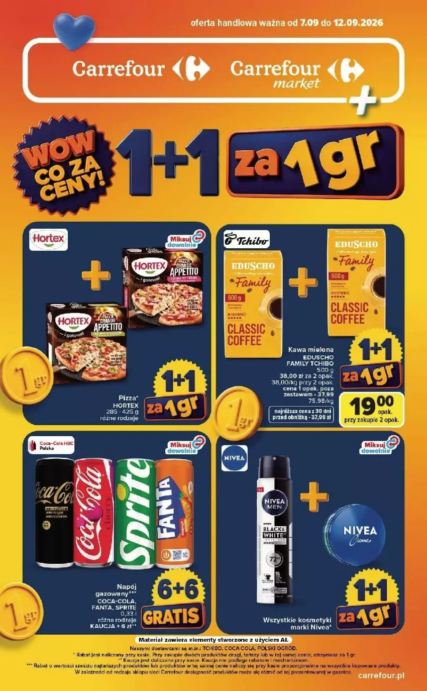 Gazetka promocyjna Carrefour - Gazetka Carrefour, Market  WOW co za ceny! - ważna 07.09 do 12.09.2026 - strona 1 - produkty: Baton, Coca-Cola, Fa, Hortex, Kawa, Kawa mielona, Napój, Nivea