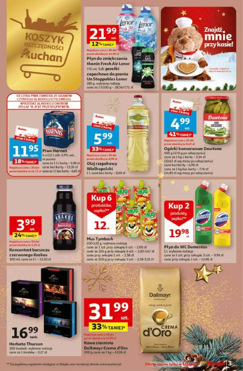 Gazetka promocyjna Auchan - ważna 16.11 do 22.11.2023 - strona 3 - produkty: Dallmayr, Dawtona, Domestos, Herbata, Kawa, Kawa ziarnista, Krakus, Lenor, Mus, Ogórki konserwowe, Olej, Olej rzepakowy, Perełki zapachowe, Płyn do wc, Ser, Stopp, Top, Tymbark