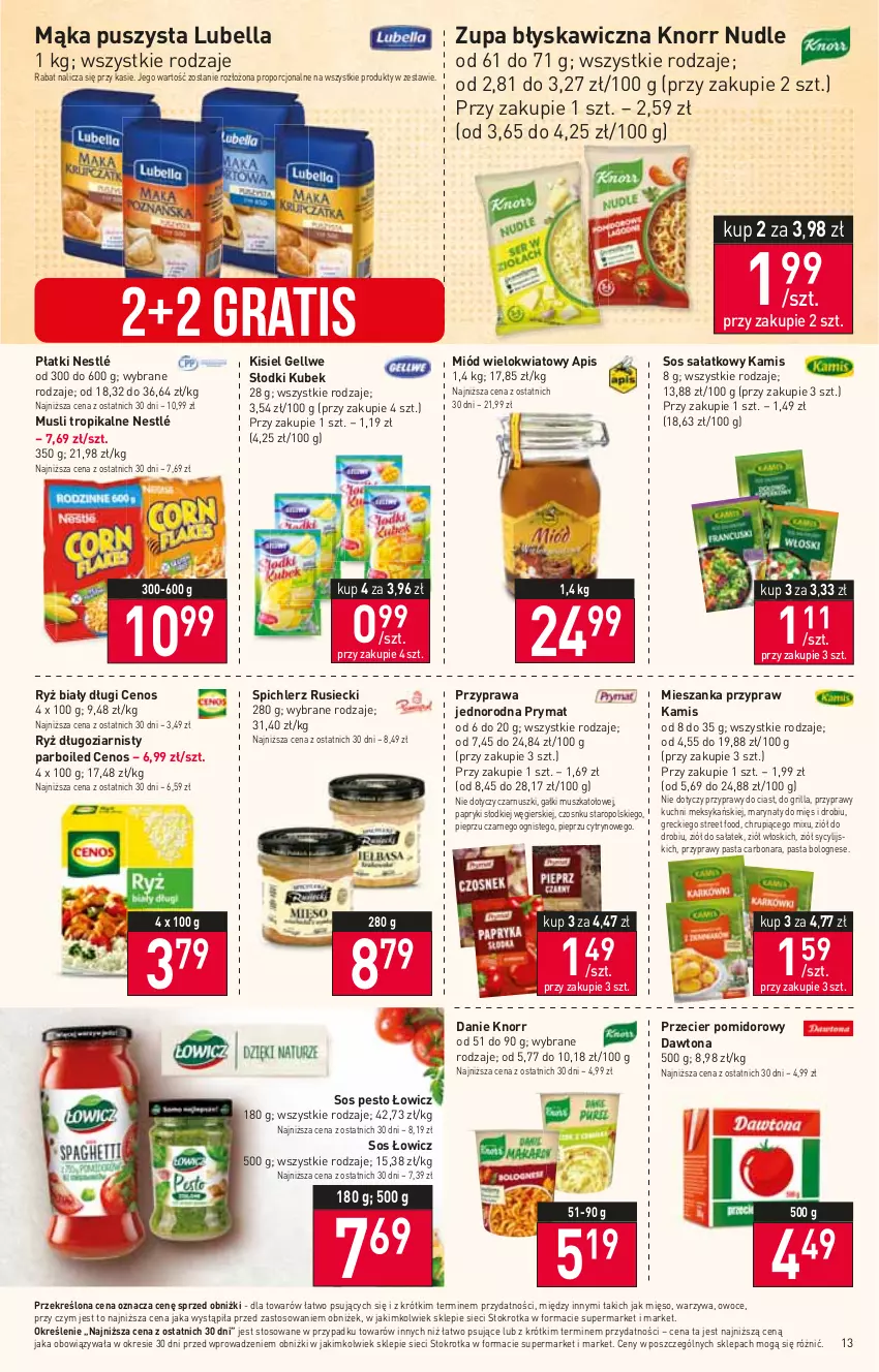 Gazetka promocyjna Stokrotka - Supermarket - ważna 19.10 do 25.10.2023 - strona 16 - produkty: Bell, Bella, Cenos, Dawtona, Gra, Grill, Kamis, Kisiel, Knorr, Kubek, Lubella, Mąka, Mięso, Miód, Mus, Nestlé, Owoce, Pesto, Pieprz, Por, Prymat, Przyprawy, Ryż, Ryż biały, Sałat, Sos, Spichlerz Rusiecki, Warzywa, Zupa