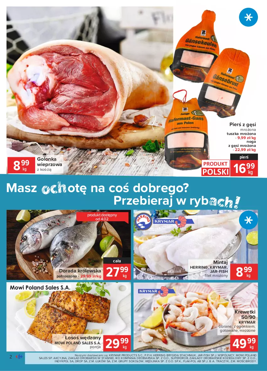 Gazetka promocyjna Carrefour - Gazetka Carrefour - ważna 01.02 do 08.02.2021 - strona 2 - produkty: Golonka wieprzowa, Inka, Krewetki, Mintaj, Por, Sok, Sokołów, Tusz