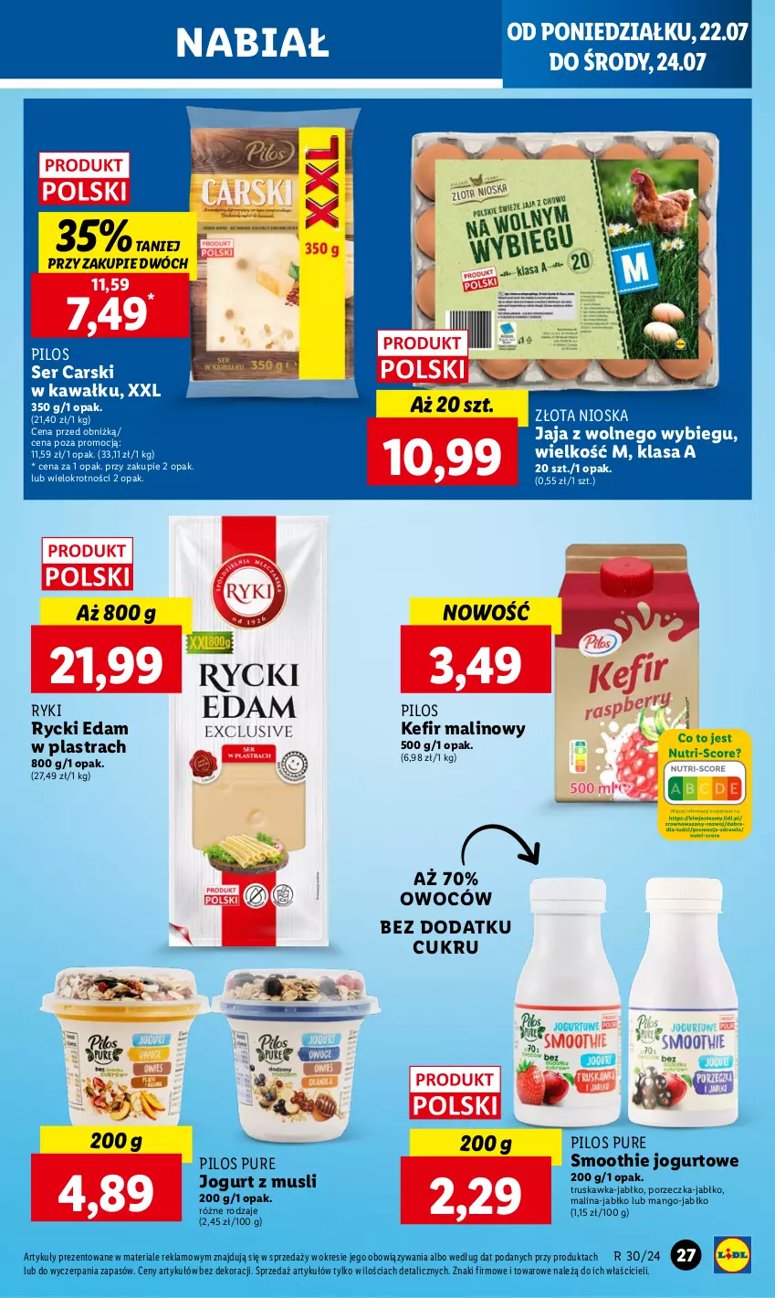 Gazetka promocyjna Lidl - GAZETKA - ważna 22.07 do 24.07.2024 - strona 31 - produkty: Cars, Edam, Jaja, Jaja z wolnego wybiegu, Jogurt, Kawa, Kefir, Mango, Mus, Pilos, Por, Pur, Rycki Edam, Ser, Smoothie