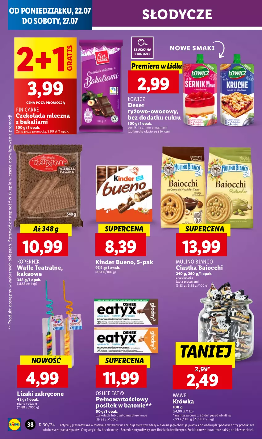 Gazetka promocyjna Lidl - GAZETKA - ważna 22.07 do 24.07.2024 - strona 44 - produkty: Baton, Ciastka, Czekolada, Czekolada mleczna, Deser, Gra, Kakao, Kinder, Kinder Bueno, Lizaki, Oshee, Ryż, Ser, Wafle, Wawel