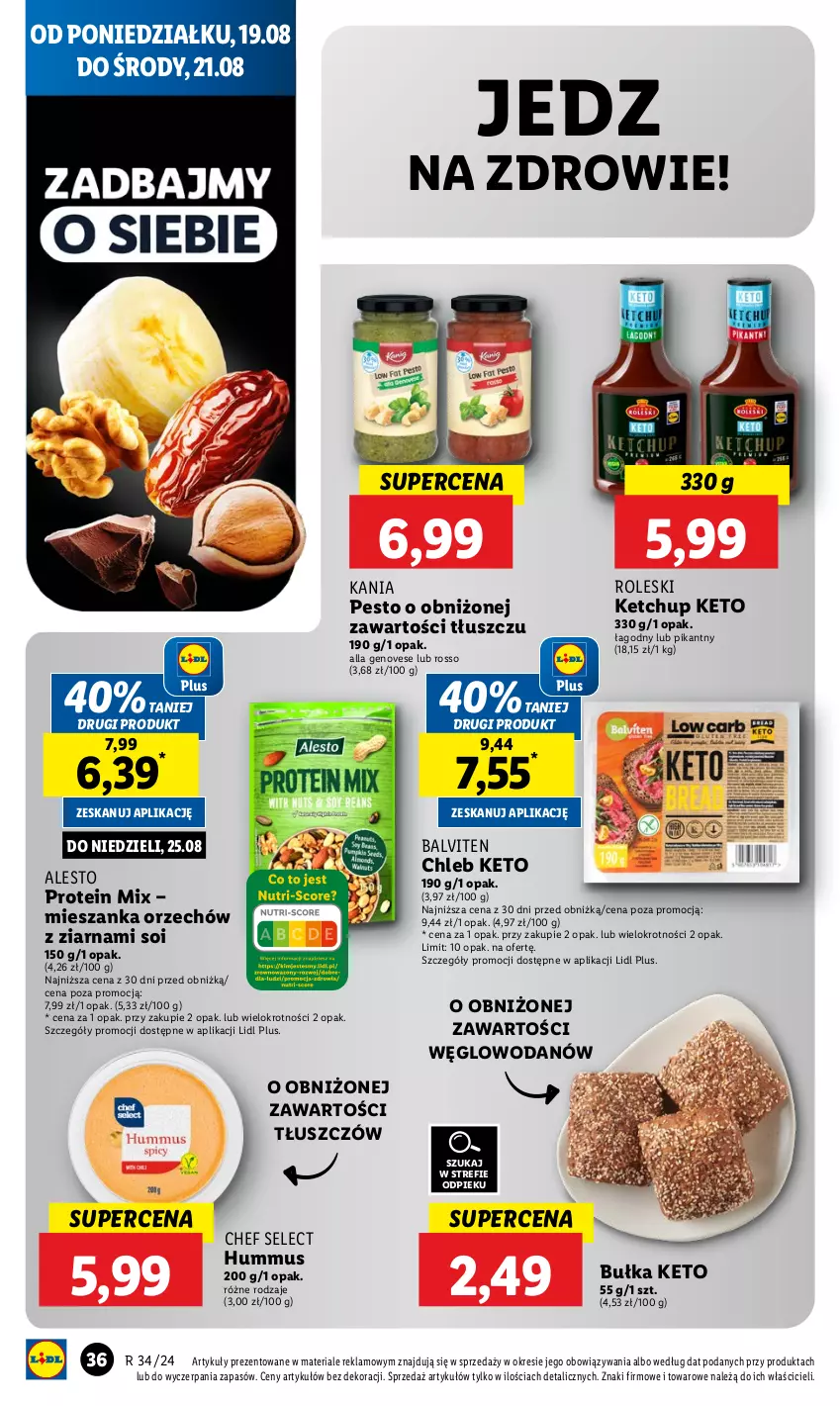 Gazetka promocyjna Lidl - GAZETKA - ważna 19.08 do 21.08.2024 - strona 40 - produkty: Bułka, Chleb, Hummus, Ketchup, Mus, Pesto, Woda, Zdrowie