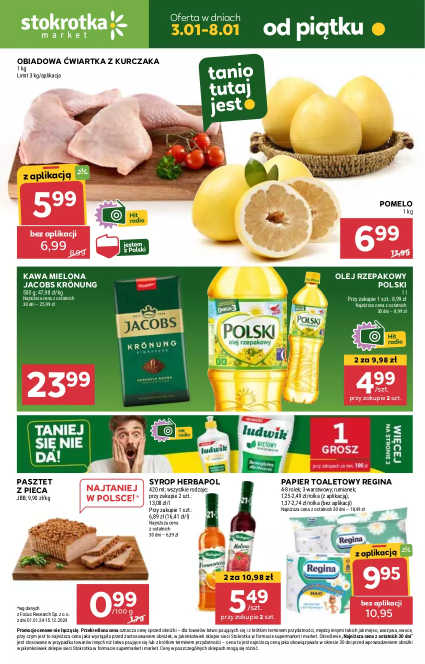 Gazetka promocyjna Stokrotka - Market Opole/Radom - ważna 03.01 do 08.01.2025 - strona 1 - produkty: Gin, Herbapol, Jacobs, Jacobs Krönung, Kawa, Kawa mielona, Kurczak, Mięso, Olej, Olej rzepakowy, Owoce, Papier, Papier toaletowy, Pasztet, Piec, Pomelo, Rum, Syrop, Warzywa