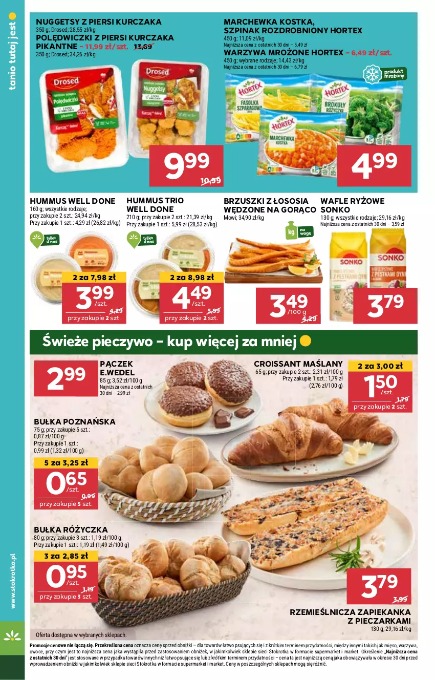 Gazetka promocyjna Stokrotka - Market Opole/Radom - ważna 03.01 do 08.01.2025 - strona 12 - produkty: Brzuszki z łososia, Bułka, Croissant, Hortex, Hummus, Kurczak, Marchewka, Mięso, Mus, Owoce, Pączek, Piec, Pieczarka, Pieczywo, Ryż, Sonko, Sos, Szpinak, Wafle, Warzywa, Zapiekanka