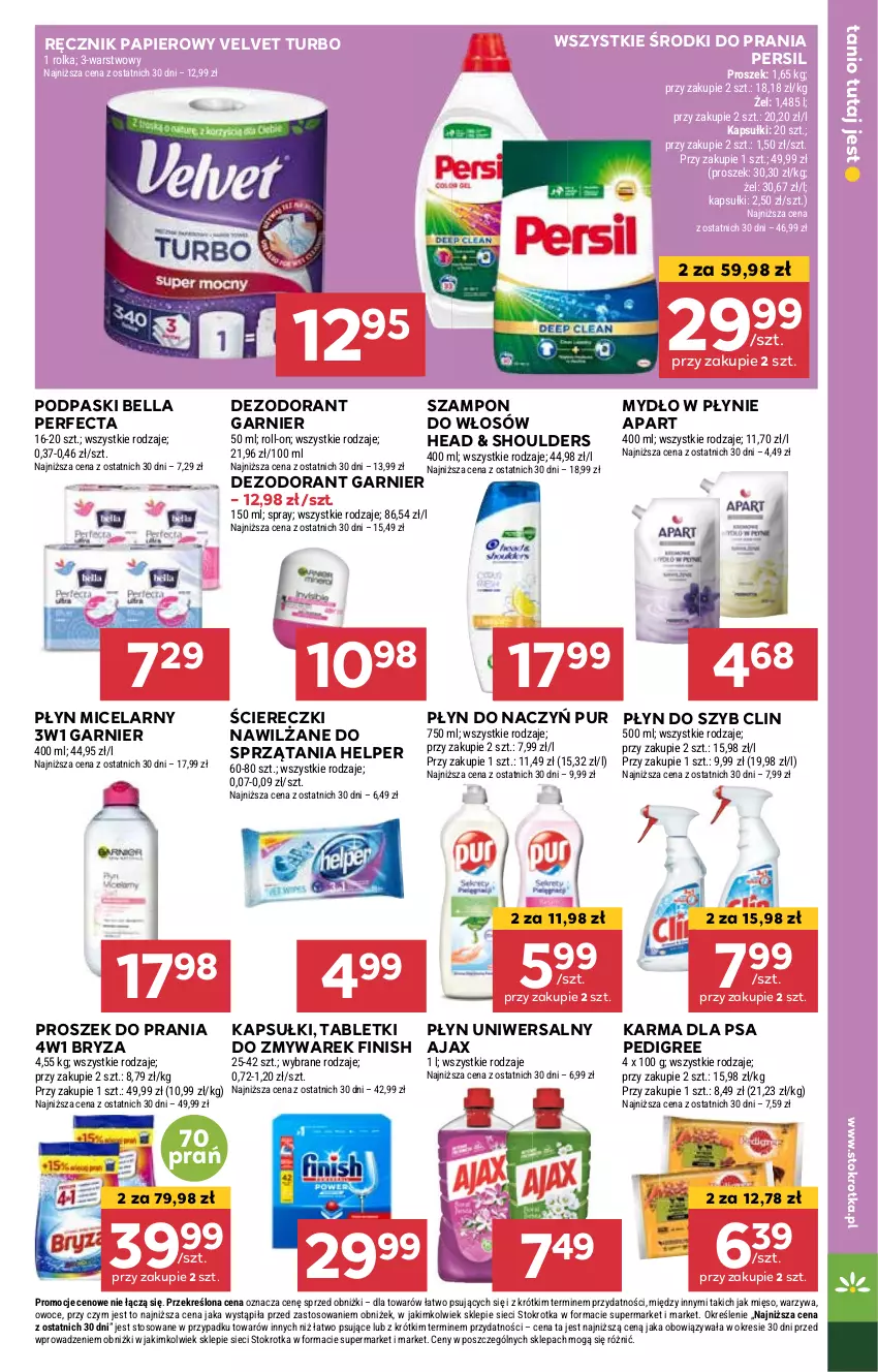 Gazetka promocyjna Stokrotka - Market Opole/Radom - ważna 03.01 do 08.01.2025 - strona 15 - produkty: Ajax, Bell, Bella, Bryza, Clin, Dezodorant, Finish, Garnier, Mięso, Mydło, Mydło w płynie, Owoce, Papier, Pedigree, Perfecta, Persil, Płyn do szyb, Płyn micelarny, Podpaski, Proszek do prania, Pur, Ręcznik, Szampon, Tablet, Velvet, Warzywa