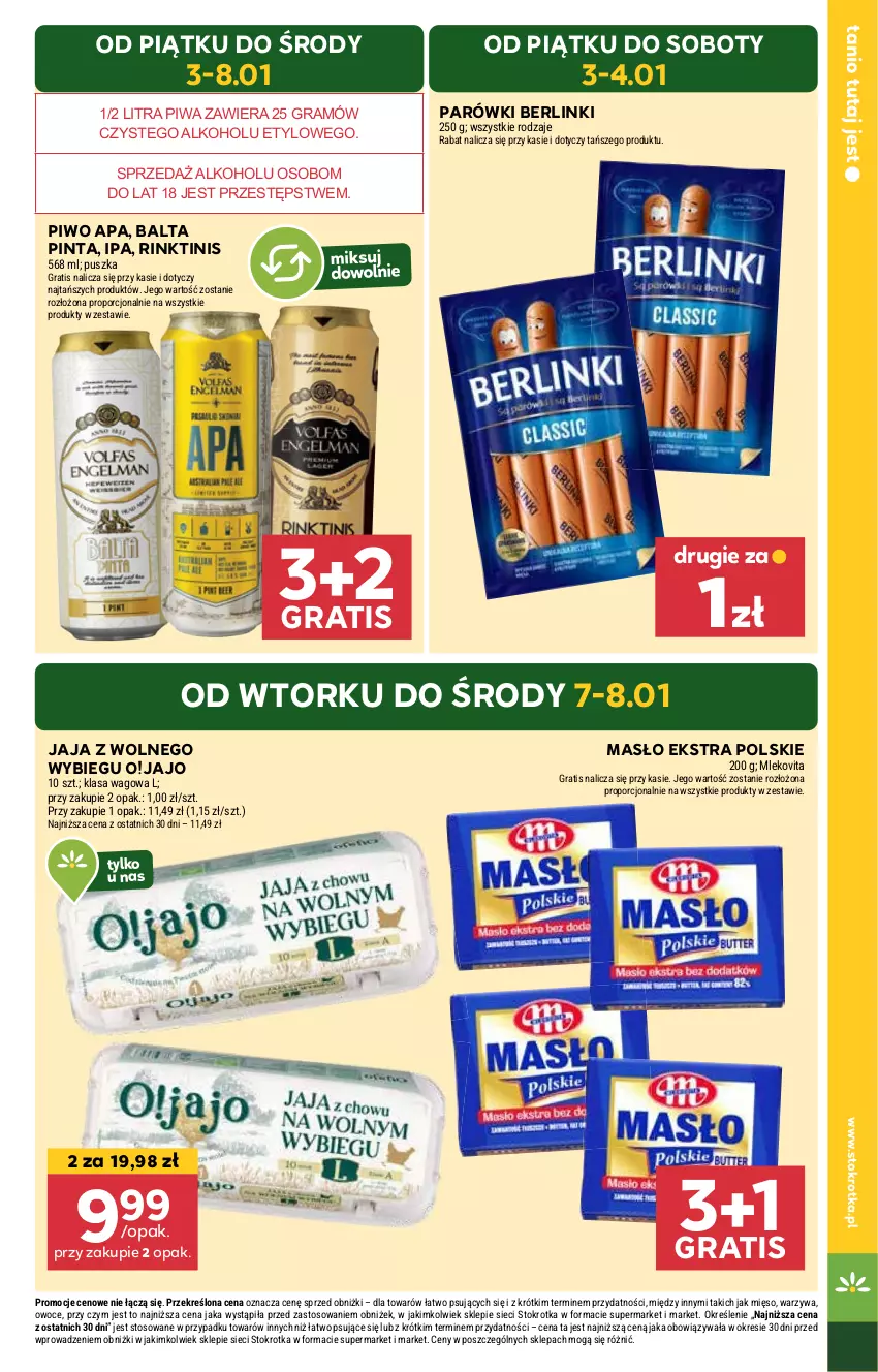 Gazetka promocyjna Stokrotka - Market Opole/Radom - ważna 03.01 do 08.01.2025 - strona 5 - produkty: Berlinki, Gra, Jaja, Jaja z wolnego wybiegu, Masło, Mięso, Owoce, Parówki, Piwa, Piwo, Por, Warzywa