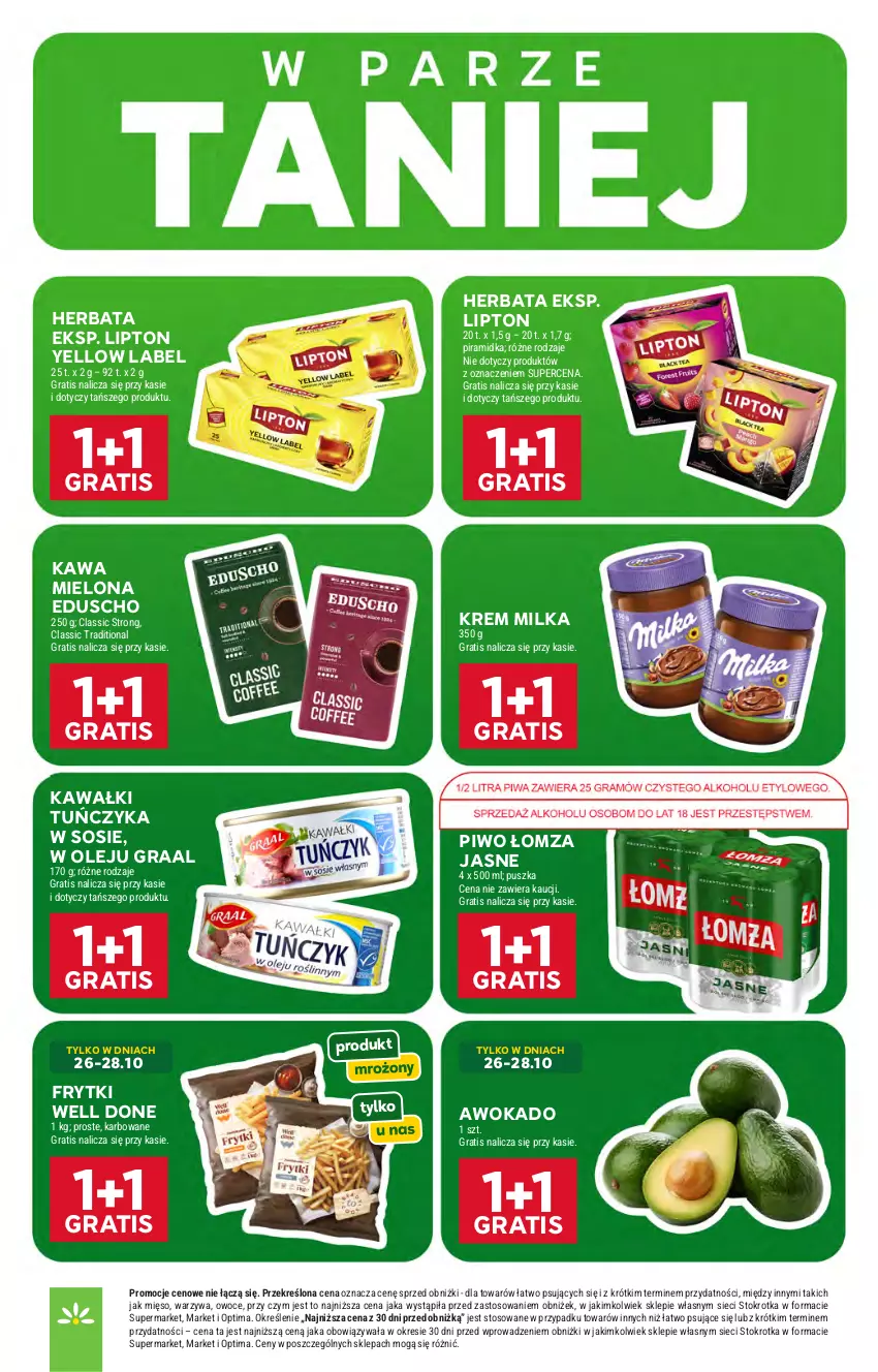 Gazetka promocyjna Stokrotka - Supermarket - ważna 22.10 do 28.10.2026 - strona 10 - produkty: Frytki, Gra, Graal, Herbata, Kawa, Kawa mielona, Lipton, Mięso, Milka, Olej, Optima, Owoce, Piwo, Sos, Tuńczyk, Warzywa